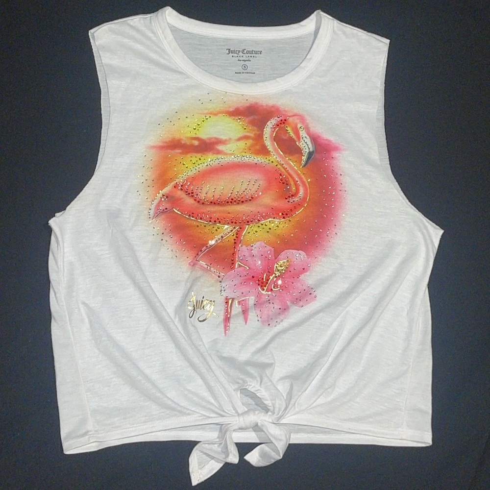 New JUICY COUTURE White Cotton Embellished Crystal Tee Shirt Knot  S